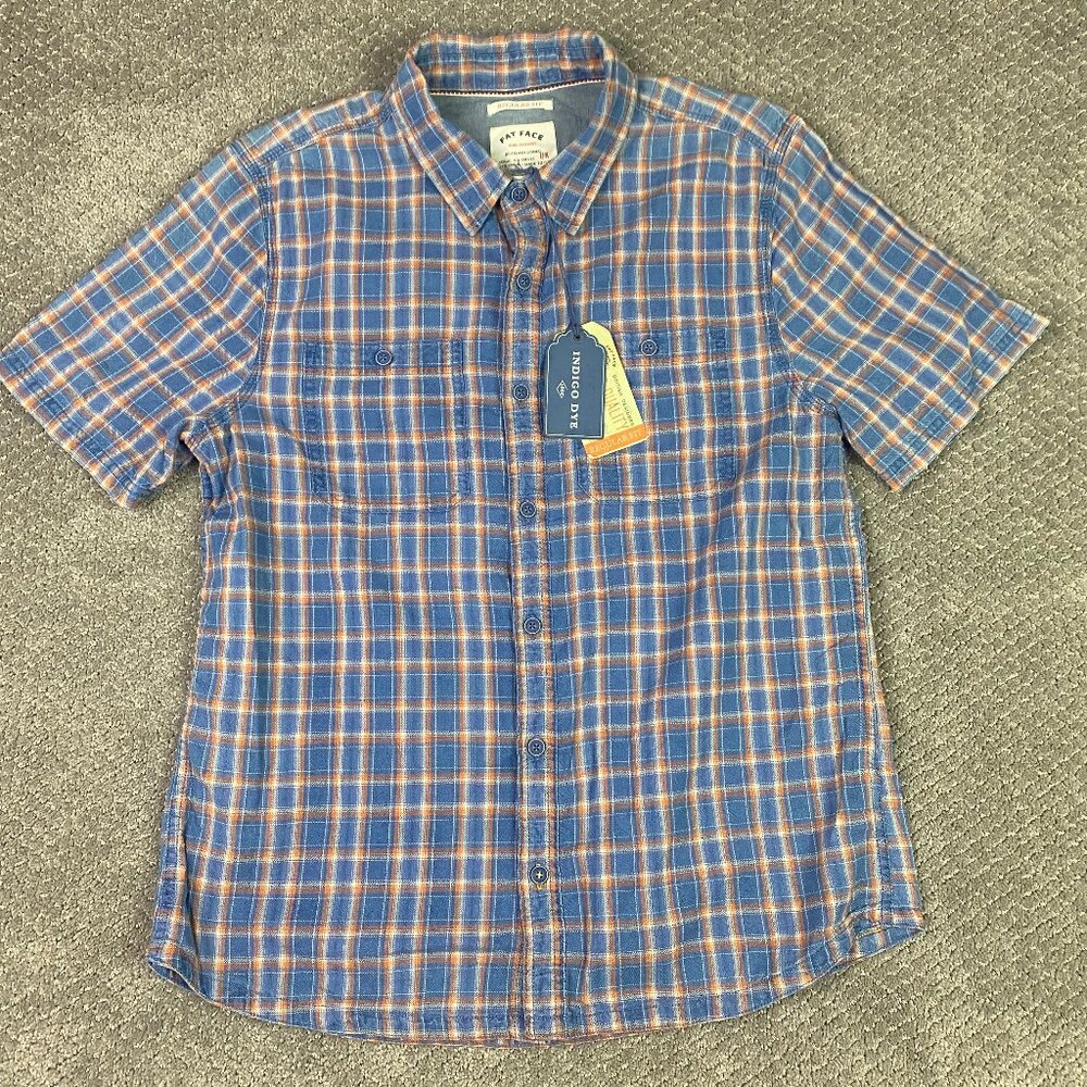 Fat Face Short Sleeve Kettering Check Shirt Men's Large Button Up Blue Indigo